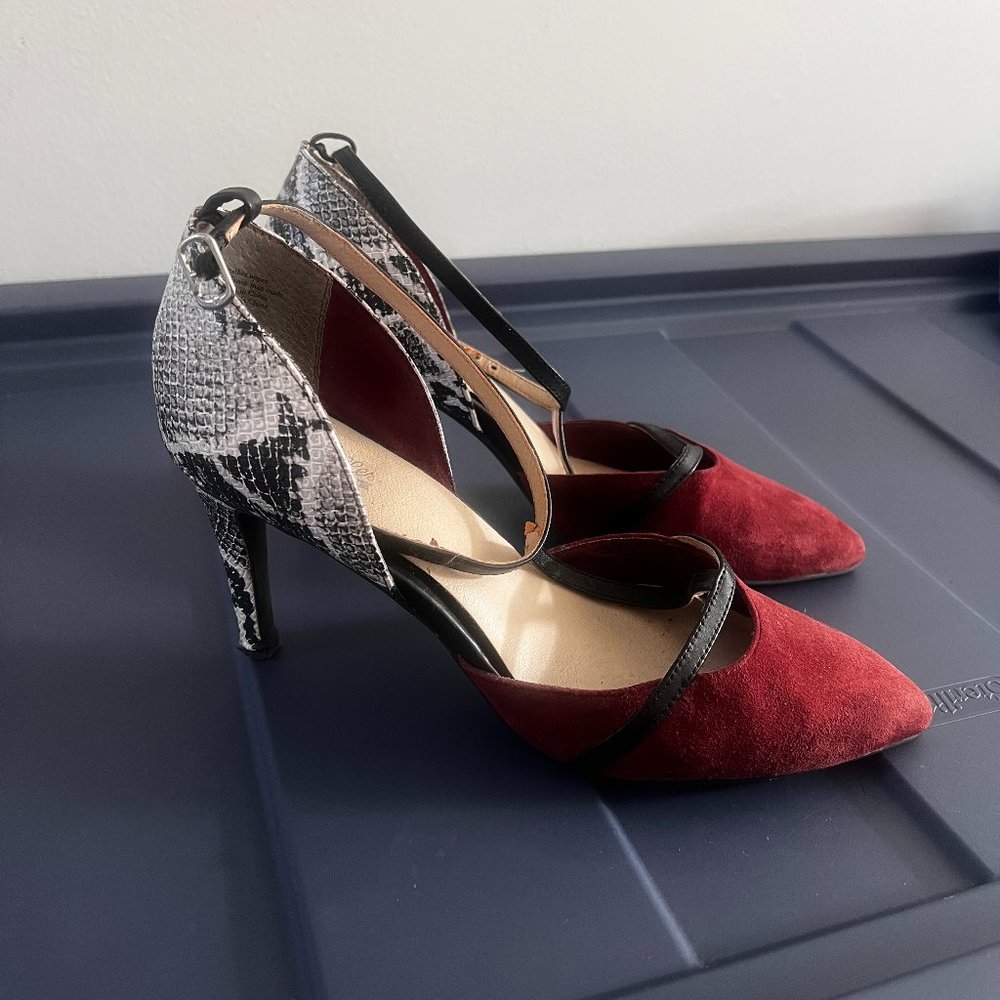 Red and grey heels with snake skin